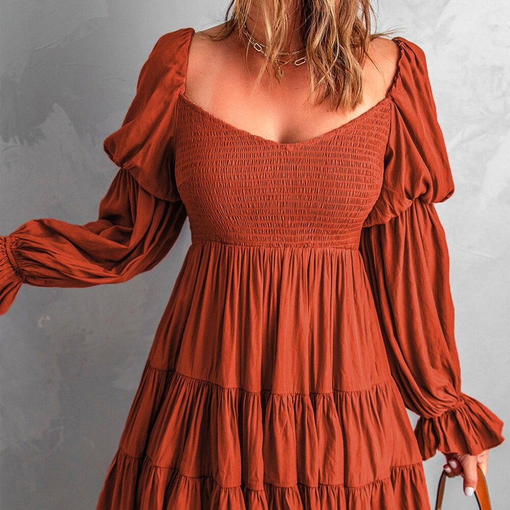 Boho Solid Rust Ruffle Mini Dress M Puff Sleeve Smocked Waist Cottagecore